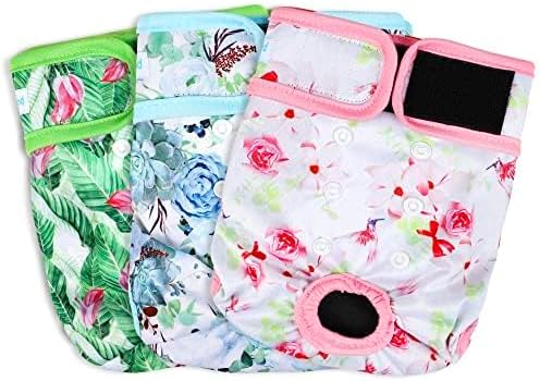 Paw Legend Washable Reusable Female Dog Period Diapers for Heat Doggie Puppy Diapers for Female Dogs (3 Pack, Flower, Medium)