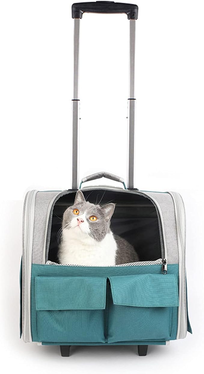 Portable Cat Carrier Backpack with Wheel Breathable Airline Approved Pet Travel Rolling Trolley Collapsible Backpack
