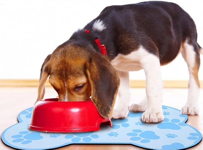 Dog Food Mats for Floors Waterproof, Pet Feeding Absorbent Water Bowl Mat Cat Placemats Blue Bone Shape 25.5 * 17 inch