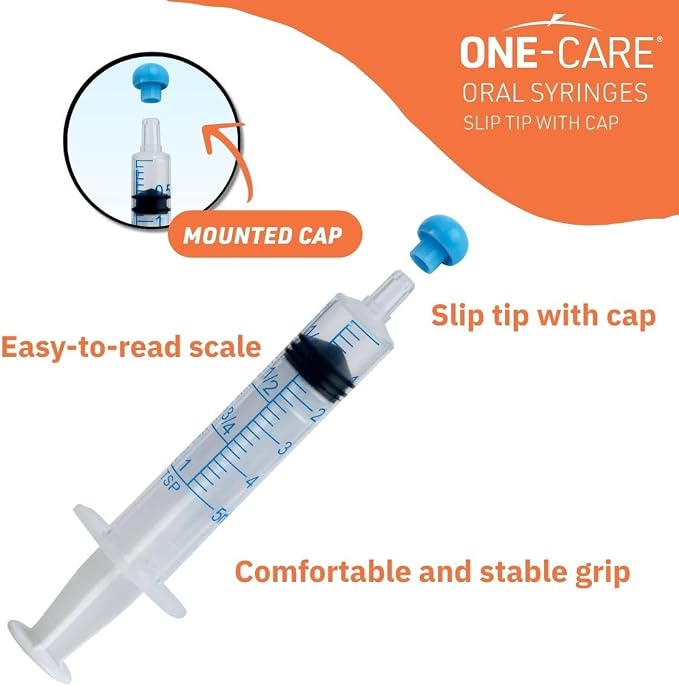 ONE-CARE 5ml Oral Syringe with Cap - Sterile, Individually Wrapped - 100 Syringes, Slip Tip, Uses include oral administration of medicine for infants, adults and animals