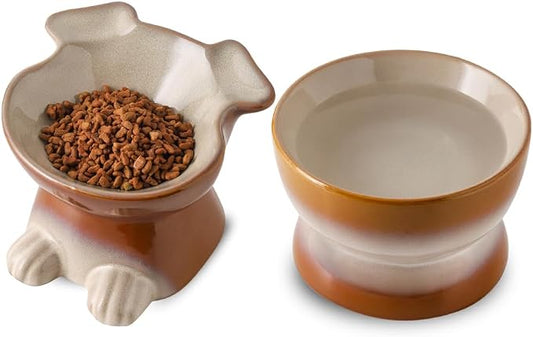 Nihow Dog Food & Water Bowl Set: Elevated Ceramic Dog Bowls for Medium/Small Size Dog - Food Safe Raised Puppy Bowls - Brown Pet Bowl for Protecting Pet's Spine (Set of 2)