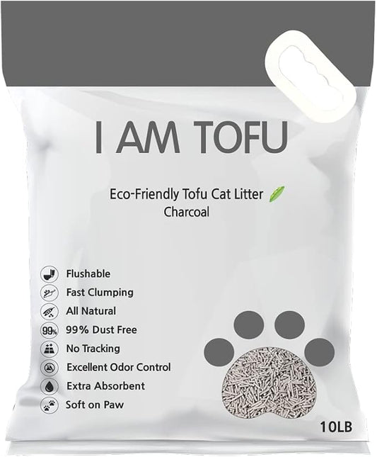 I AM TOFU - Natural Flushable Tofu Cat Litter, Low Dust Lightweight Clumping Litter, Odor Control (10 lb Bag, Charcoal)