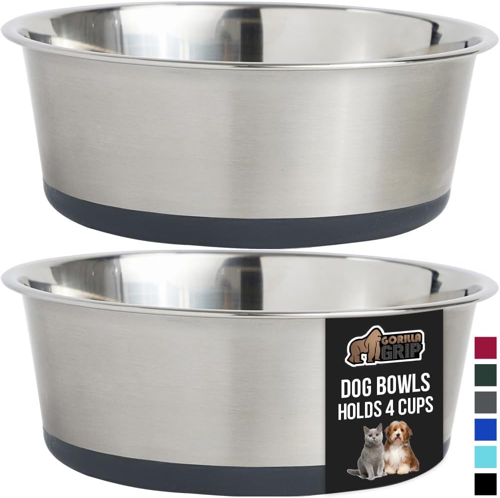 GORILLA GRIP Set of 2 Dog Bowls, Holds 4 Cups (32 fl oz), Heavy Duty Metal Food and Water Bowl for Feeding Dogs and Cats, Dishwasher Safe, Rust Resistant Stainless Steel, BPA Free Rubber Base, Gray