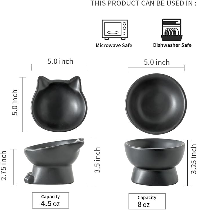Nihow Elevated Cat/Dog Bowls Set : 5 Inch Ceramic Raised Cat Food and Water Bowl Set for Protecting Pet's Spine - Feeding & Watering Supplies for Pets- Matte Black (2PC)