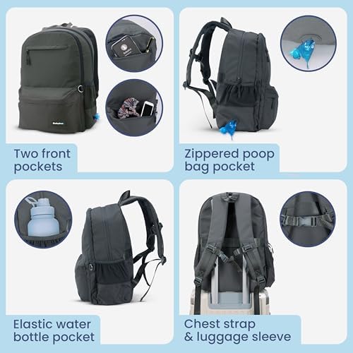 Rubyloo The Original Doggy Bag Backpack (Dark Grey) & 32oz Insulated Water Bottle with Attached 8oz Bowl (Rescued is My Favorite Breed) – Dog Travel Backpack & Hydration Set