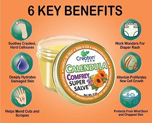 Calendula Comfrey Super Salve by Creation Farm, Herbal Balm, Moisturizer, and Ointment with No Gluten, Soy, GMO or Parabens, Made in USA Comforts many issues.