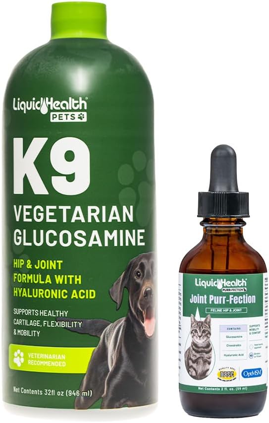 LIQUIDHEALTH Pets K9 Vegetarian Glucosamine for Dogs & Puppies & Joint Purr-Fection Glucosamine Drops for Cats & Kittens - Pet Supplements Made in USA