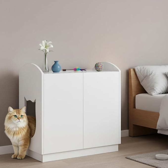 YITAHOME Hidden Cat Litter Box Enclosure, 31 Inch Litter Box Furniture with Hooks for Large Medium Cats, High-Gloss Wooden Cat Cabinet for Indoor Cats, White
