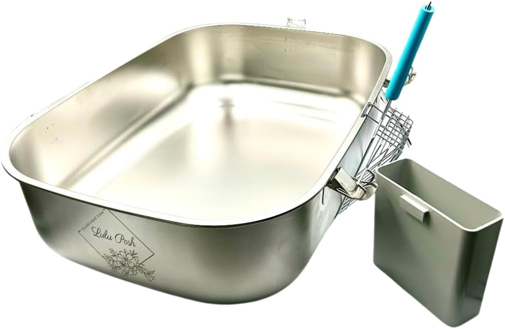 Extra Large Stainless Steel Cat Litter Box with High Sided Enclosure, Odor Resistant Metal Litter Pan, Non-Stick Easy Clean, Includes Scoop & Holder, Leakproof Anti-Scatter Design