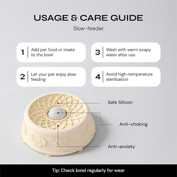 Slow Feeder Dog Bowl with Rolling Ball, No Spill Silicone Pet Lick Bowl for Dogs and Cats, Anti Slip Suction Base, Interactive Pet Feeder for Slower Eating and Cleaner Mealtime (White)