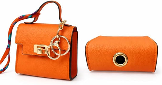 Luxury Designer Dog Poop Bag Holder Case – Barkin Pet Waste Bag Dispenser Pouch with Gold Hardware, Portable Dog Walking Accessory with Keychain Clip for Doggie Leash & Travel (Orange)