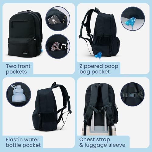 Rubyloo The Original Doggy Bag Backpack (Black) & 32oz Insulated Water Bottle with Attached 8oz Bowl (Dog Mom) – Dog Travel Backpack & Hydration Set