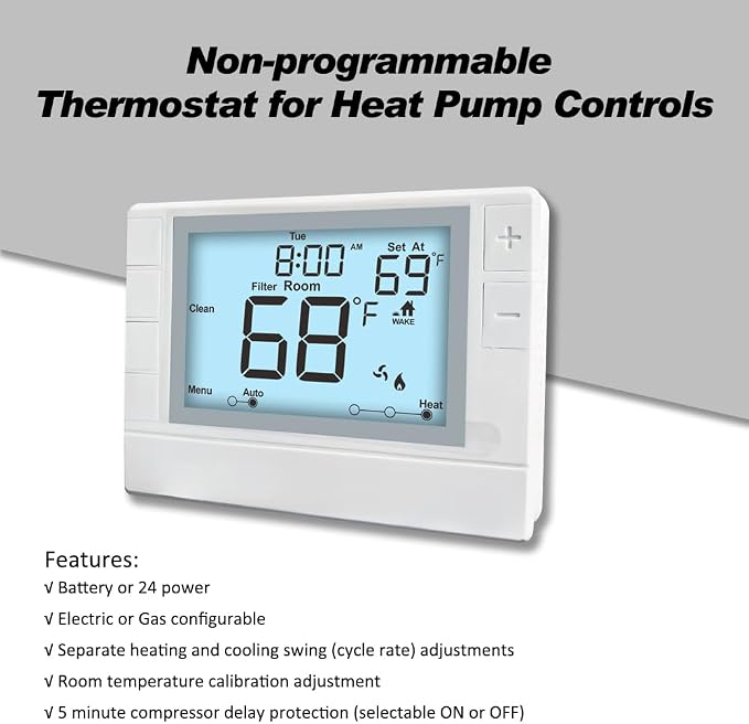 Thermostat for Home, Premium Heat Pump Room Temperature Controller, up to 2H/1C, Easy-to-Read Large Display，White Backlight