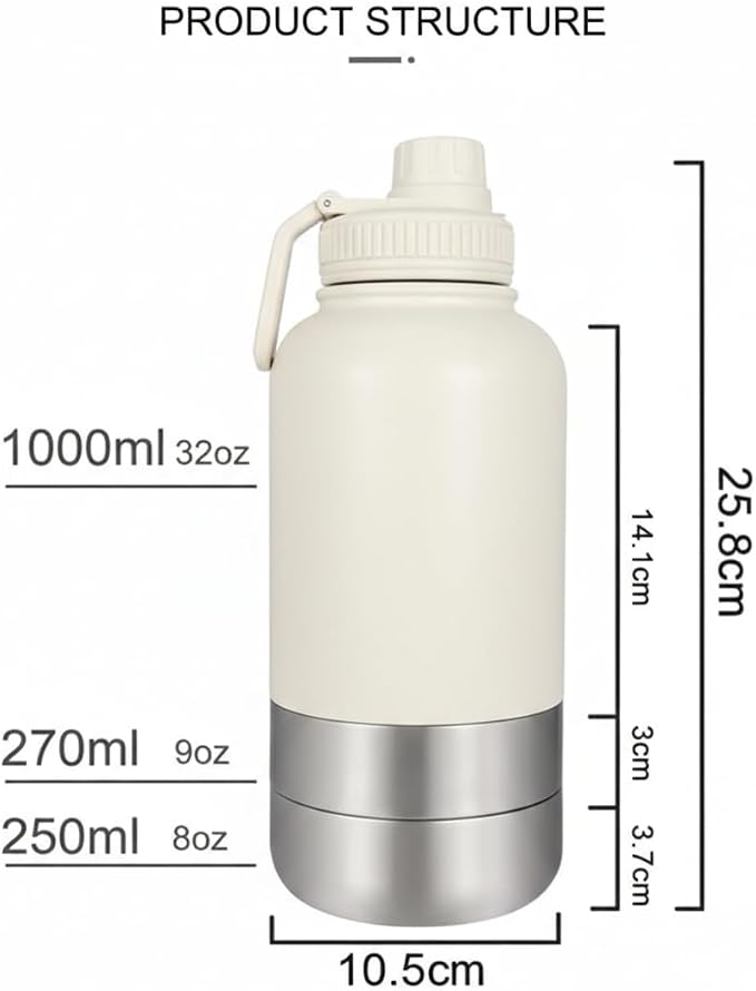 Happy Tracks 32oz Insulated Dog Travel Water Bottle & Feeder – 3-in-1 Stainless Steel Pet Kit with Detachable Food & Water Bowls – Leak-Proof, Keeps Water Cold Up to 12 Hours (Ivory Whie)