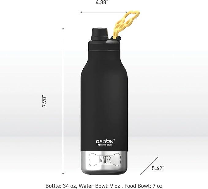 asobu Dog Barky Bottle – Insulated Stainless Steel Water Bottle with 2 Removable Dog Bowls for Food, Treats & Water – Pet-Friendly Travel Bottle for Hiking, Road Trips & Outdoor Adventures