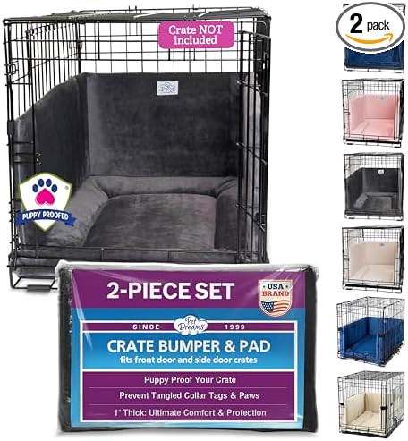 Pet Dreams Dog Crate Bumper & Mat Set- Patented Comfy Liner & Dog Tail Protector for Inside Crate, fits iCrate Cages 18, 24, 30, 36, 42, 48 Inches (Grey, Medium, 30“)