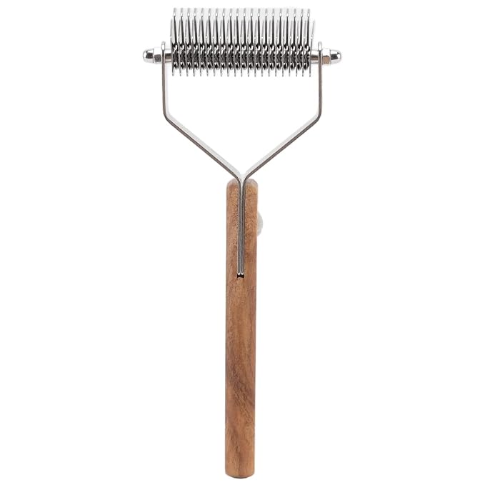 Premium Pet Undercoat Rake, Double Row Wood Handle Dog Hair Shedding Brush for Grooming Cats and Dogs, Removes Knots and Loose Fur, Promotes Skin and Shiny Coat
