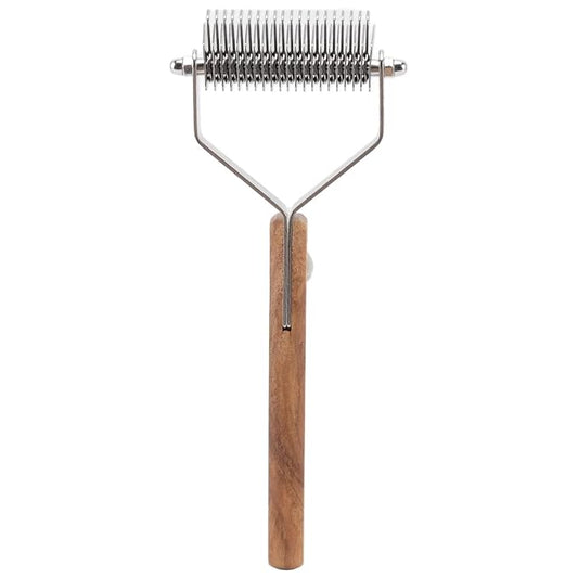 Premium Pet Undercoat Rake, Double Row Wood Handle Dog Hair Shedding Brush for Grooming Cats and Dogs, Removes Knots and Loose Fur, Promotes Skin and Shiny Coat