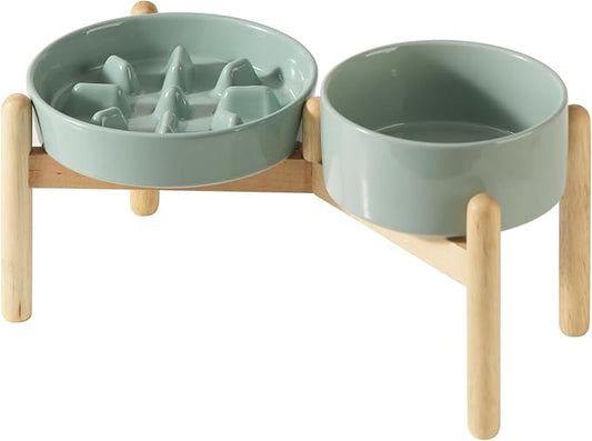 Havniva 7.3” Raised Slow Feeder Dog Bowls Set, 1.2 Cups Ceramic Slow Feeder Dog Bowl and 6.1” Dog Water Bowl with Elevated Wooden Stand Puzzle Dog Food Bowl for Small Dogs Anti-Gulping & Anti-Choking