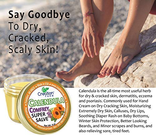 Calendula Comfrey Super Salve by Creation Farm, Herbal Balm, Moisturizer, and Ointment with No Gluten, Soy, GMO or Parabens, Made in USA Comforts many issues.