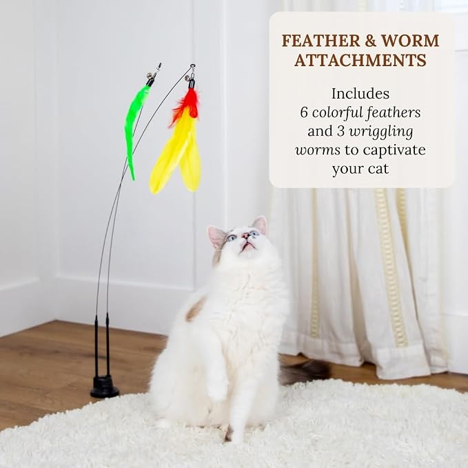 Cat Wand Toy for Indoor Cats - 43 Inch Retractable Fishing Pole Teaser - 9 Feather Attachments - Weighted Round Base - Suction Cup Mount - Bored Adult Feline Hunting Exercise - Kitten Juguetes Set