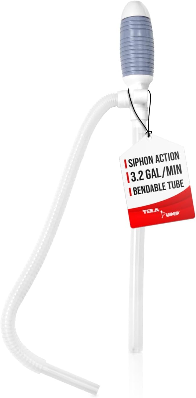 TERA PUMP Durable Manual Fuel Transfer Pump Siphon, Hand Siphon Pump for Gasoline, Diesel, Light Oils, Kerosene, Non-Potable Water, Transfer 3.2 GPM, Flexible Suction Tube, Portable & Easy to Use