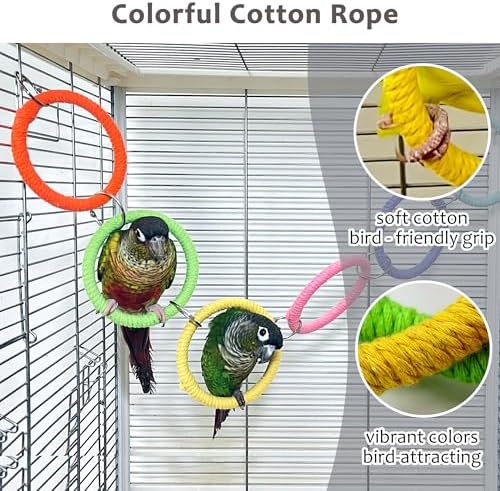 2PCS Natural Wood Bird Spinner Toys & 6-Ring Swing Set - Chewing Hanging Toys with Bells & Cotton Rope Swing for Cockatiel, Conure, Lovebird, Budgie, Quaker