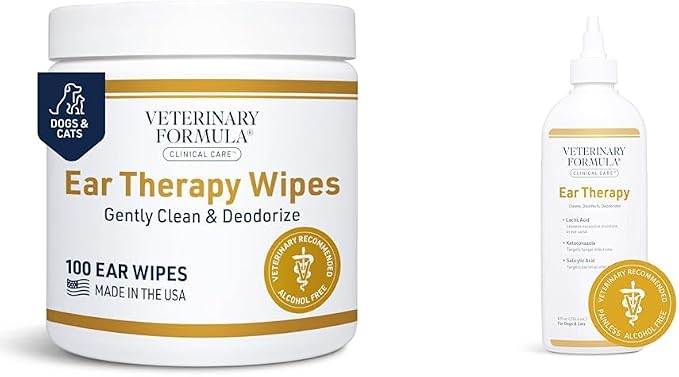 Veterinary Formula Clinical Care Ear Therapy Bundle with Cleaner Solution 8 Fl Oz + Cleaner Wipes 100 ct – Cat & Dog Ear Cleaner, Helps Soothe Itchiness and Clean The Ear Canal of Debris and Buildup