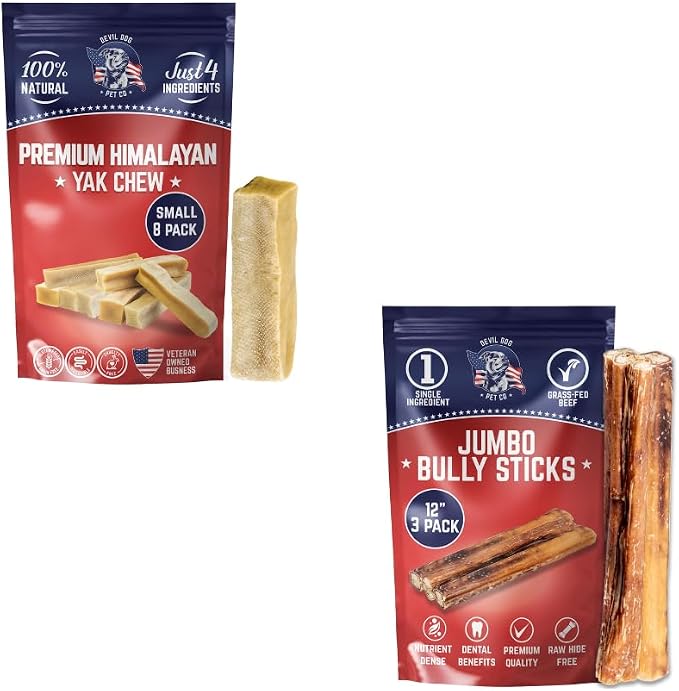 Devil Dog Pet Co (1) Yak Chews Small 8 Pack + (1) Bully Stick Ultra Thick 12 in 3 Pack | Value Pack