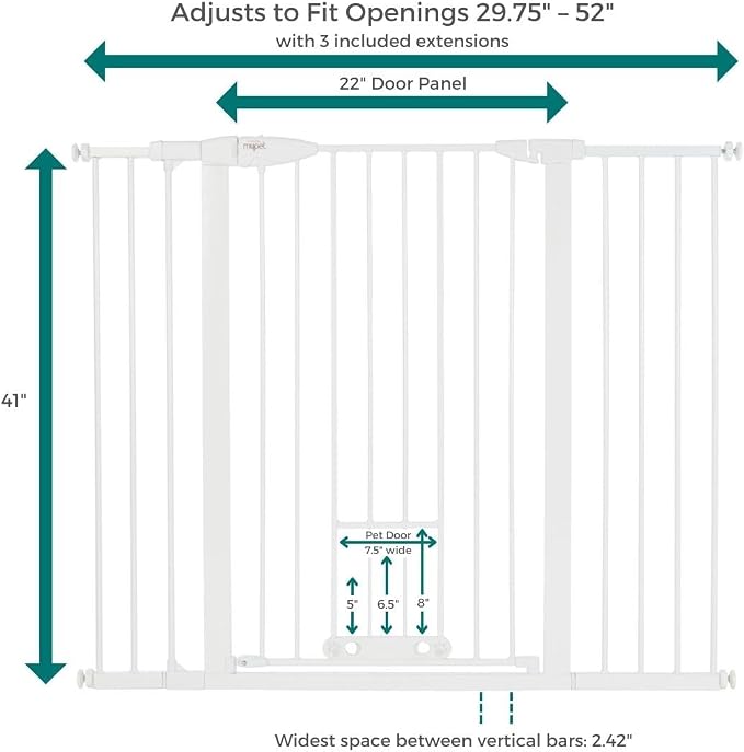 MYPET EasyPass Extra Tall & Wide Walk Thru Pet Gate: 29.75” - 52” Wide Dog Gate with Adjustable Pass-Thru Pet Door; Pressure Mounted, No Tools Needed, 41" Tall, White