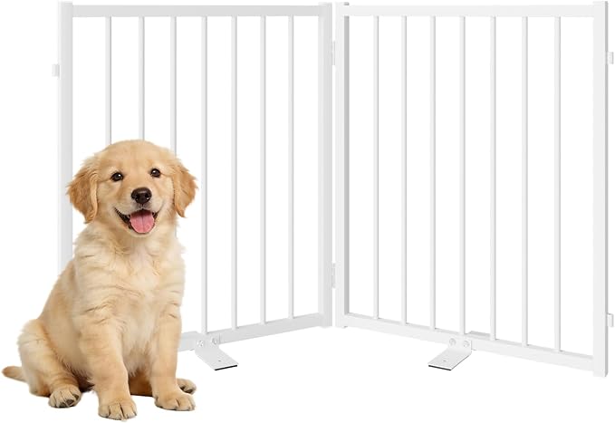 SNUOWU Full Metal Freestanding Gate with Door, 24'' Height Foldable Pet Dog Fence for Indoor & Outdoor, 2 Panels Extra Wide Free Standing Small Dog Gates for Doorways,House,Stairs,Porch,Deck,Yard