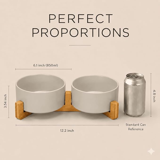 SPUNKYJUNKY Ceramic Dog and Cat Bowl with Wood Stand Non-Slip Matte Glaze Weighted Food Water Set for Cat Medium Dog 28.7 OZ