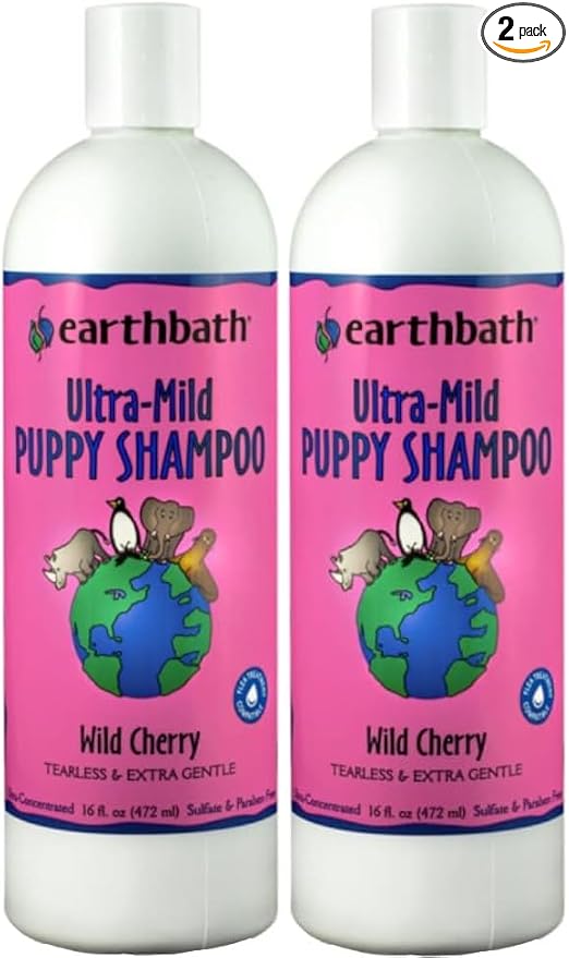 earthbath, Ultra-Mild Wild Cherry Puppy Shampoo - Extra Gentle & Tearless Dog Shampoo, Made in USA, Deodorizing Dog Wash, Cruelty Free Puppy Supplies, Shampoo for Smelly Dogs - 16 Oz (2 Pack)