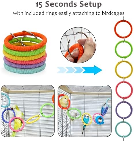2PCS Natural Wood Bird Spinner Toys & 6-Ring Swing Set - Chewing Hanging Toys with Bells & Cotton Rope Swing for Cockatiel, Conure, Lovebird, Budgie, Quaker