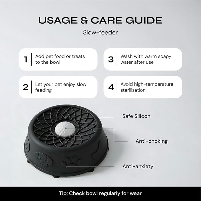 Slow Feeder Dog Bowl with Rolling Ball, No Spill Silicone Pet Lick Bowl for Dogs and Cats, Anti Slip Suction Base, Interactive Pet Feeder for Slower Eating and Cleaner Mealtime (Black)