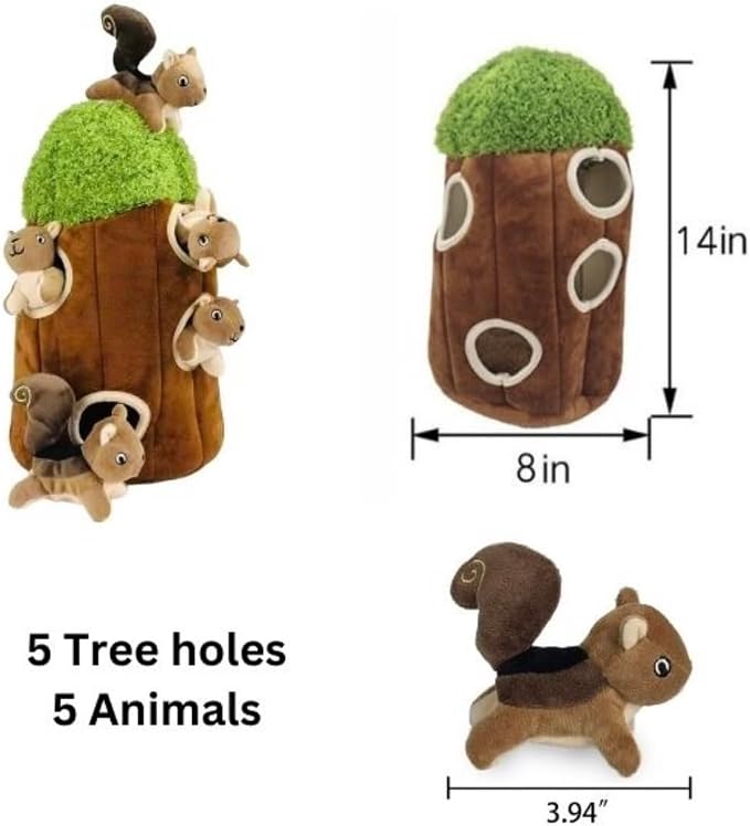 Glow Pups Hide and Seek Dog Toy Squirrel in Tree Trunk, Plush Interactive Burrow Dog Toy with Squeaker, Promotes Mental Stimulation, Easy to Clean, Woodland Style, Large (Brown)