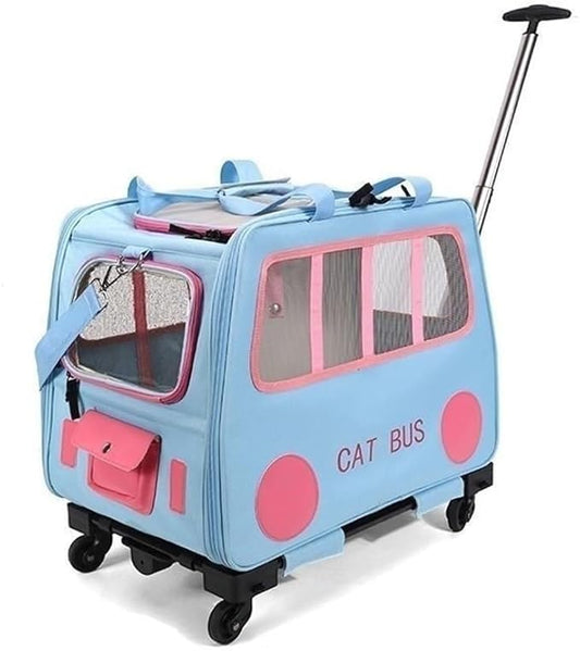 2-in-1 Soft-Sided Pet Travel Bag, Rolling Cat Carrier with Wheels, Large Pet Trolley, Mobile Pet Cage for Small and Medium Dogs and Cats(Green) (Blue)