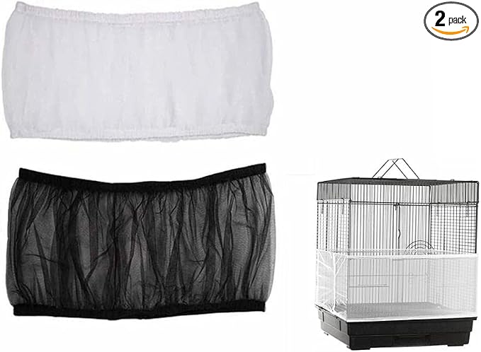 ISMARTEN Bird Cage Seed Catcher (2 Pack), Airy Gauze Bird Cage Cover Seeds Guard Dust-Proof Universal Birdcage Accessories Mesh Net Cover (Black + White, M)
