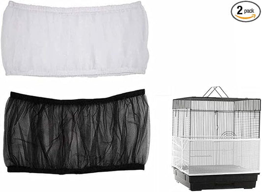 ISMARTEN Bird Cage Seed Catcher (2 Pack), Airy Gauze Bird Cage Cover Seeds Guard Dust-Proof Universal Birdcage Accessories Mesh Net Cover (Black + White, M)
