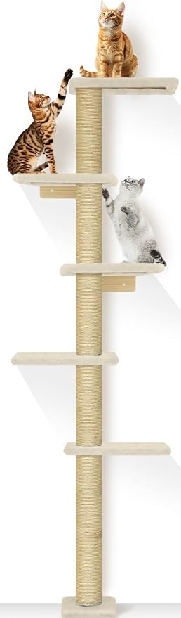 PAWSCRAT Wall-Mounted Cat Tree, 5 Tier Floor to Ceiling Cats Tower, 80 Inch Wall-Mounted Cat Scratching Post, Space Saving Cat Furniture and Easliy Climb for All Cats, Beige