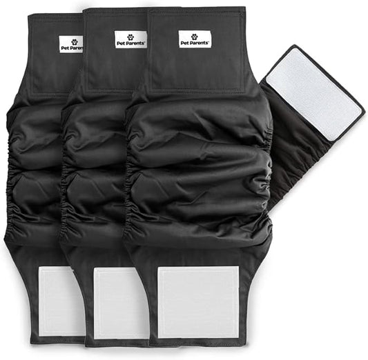 Pet Parents® Washable Belly Bands for Male Dogs (3pack) + Extendrs® of Durable Dog Diapers Male, Premium Male Dog Diapers & Dog Wraps (Large, Black)
