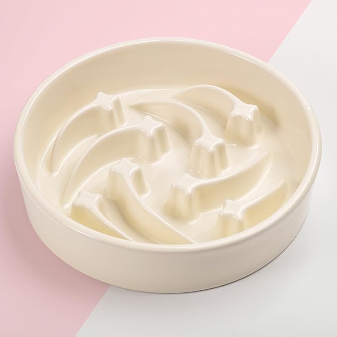 8.26 in Milk White Dog Bowl Slow Feeder Ceramic for Medium and Large Breed,Pet Feeding Dog Food Water Dish Heavy Weighted,Puppy Bowl for Fast Eaters,Puzzle Slow Eating Dish Modern Maze Meteor