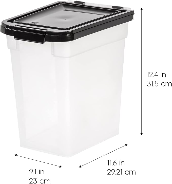 IRIS USA Large Round Top Entry Cat Litter Box with Scoop, White/Beige and 10 Lbs / 12.75 Qt WeatherPro Airtight Pet Food Storage Container set, Particle Catching Grooved Keep Pests Out, Clear Black