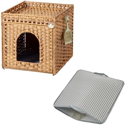 SETVSON Cat Litter Box Enclosure Furniture, Hidden Litter Box with Mat and Fence, Cat Litter Mat, Small Double Layer Cat Mat for Litter Box, Honeycomb Trapping pad Waterproof Urine Proof, Easy Clean