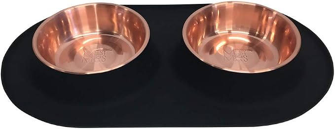 Messy Mutts Double Silicone Feeder with Copper-Colored Stainless Bowls | Non-Skid Food Dishes for Dogs for All Pets | Dog Food Bowls | Large, 3 Cups Per Bowl | Black