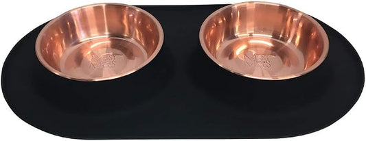 Messy Mutts Double Silicone Feeder with Copper-Colored Stainless Bowls | Non-Skid Food Dishes for Dogs for All Pets | Dog Food Bowls | Large, 3 Cups Per Bowl | Black