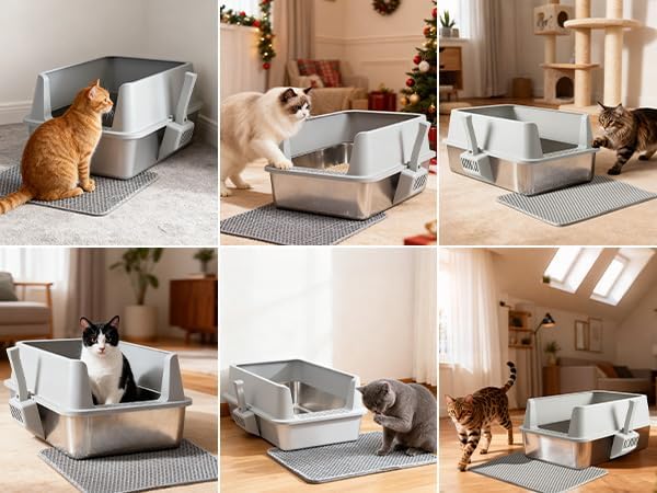 Stainless Steel Cat Litter Box with Lid, 2 Pack XL Metal Litter Box Stainless Steel with Mat & Scoop, Odor-Free/Anti-Leakage & Non-Stick, High-Sided Litter Box for Multiple Big Cats(XL/Grey)