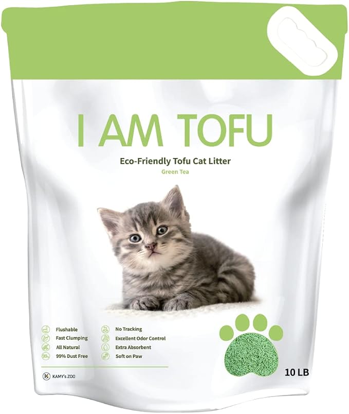 I AM TOFU - Natural Flushable Tofu Cat Litter, Low Dust Lightweight Clumping Litter, Odor Control (10 LBS, Green Tea)