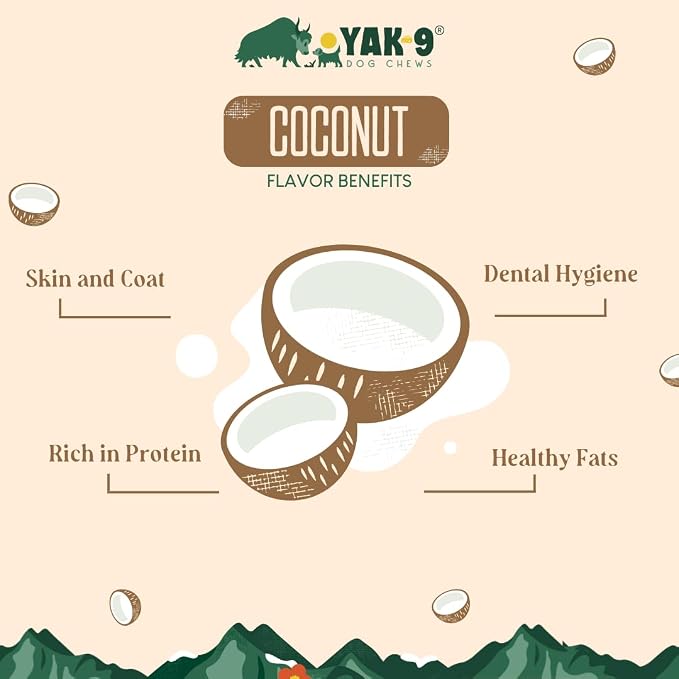 Yak9 Yak Cheese Himalayan Dog Chews Large - High Protein, Non Rawhide Dog Chews Long Lasting - Non GMO, Gluten Free, Grain Free Yak Milk Dog Chew, Large 4oz Size, Coconut, 4 PC
