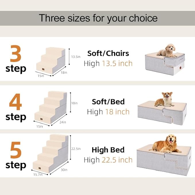 Dog Stairs for Small Dogs, 18" H, 4-Step Pet Steps for Bed Couch Sofa and Chair, Non-Slip Balanced Pet Ramp for Injured & Senior Pets with Washable Cover and Durable High Density Foam,Beige